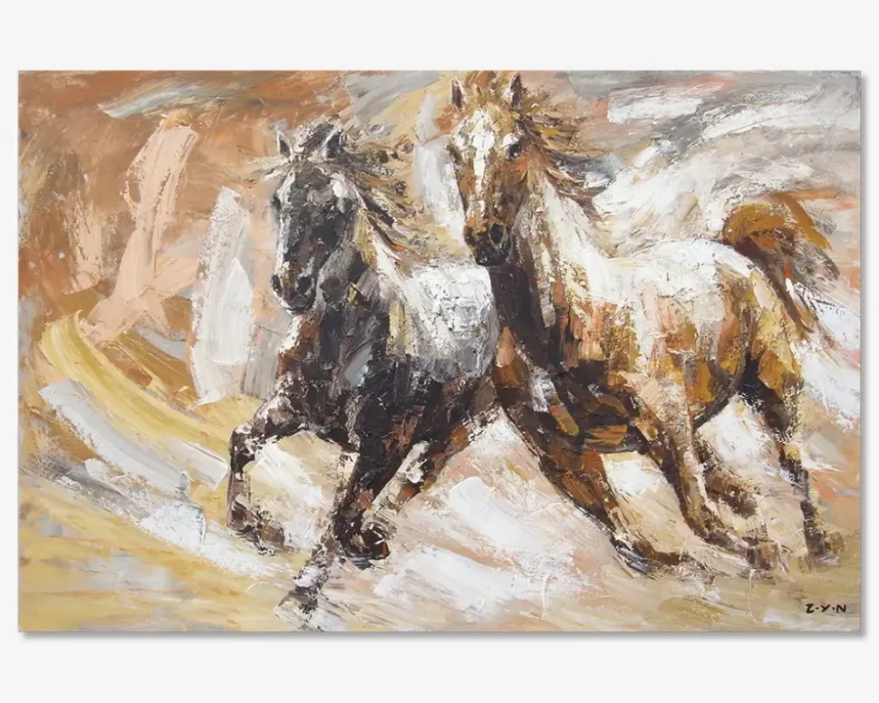 Maleri 2 heste brun 120x80 cm